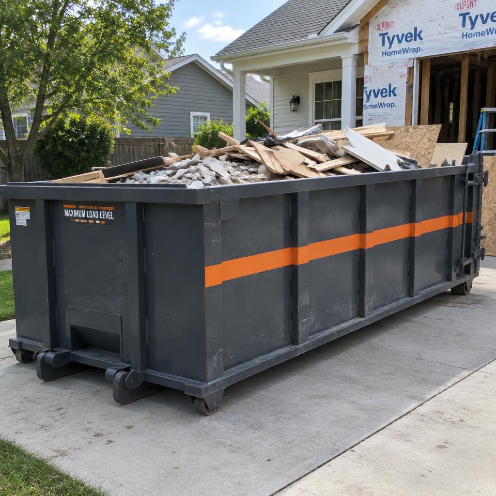 Roll-off dumpster filled with construction debris on a driveway